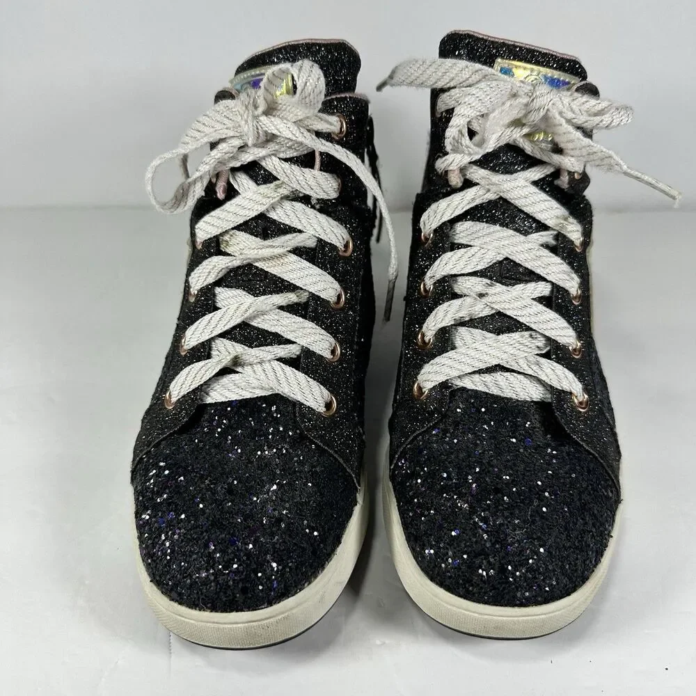 Skechers Girls Black Glitter Star High Top Sneakers - Size US 4 - Pink Lining